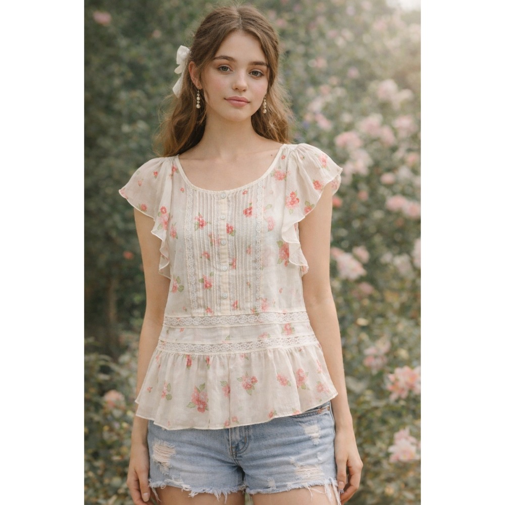 Y2K Abercrombie‎ & Fitch Floral Lace Chiffon Blouse Pink Rose Flutter Sleeve